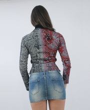 pink and black abstract print long sleeve top, back view