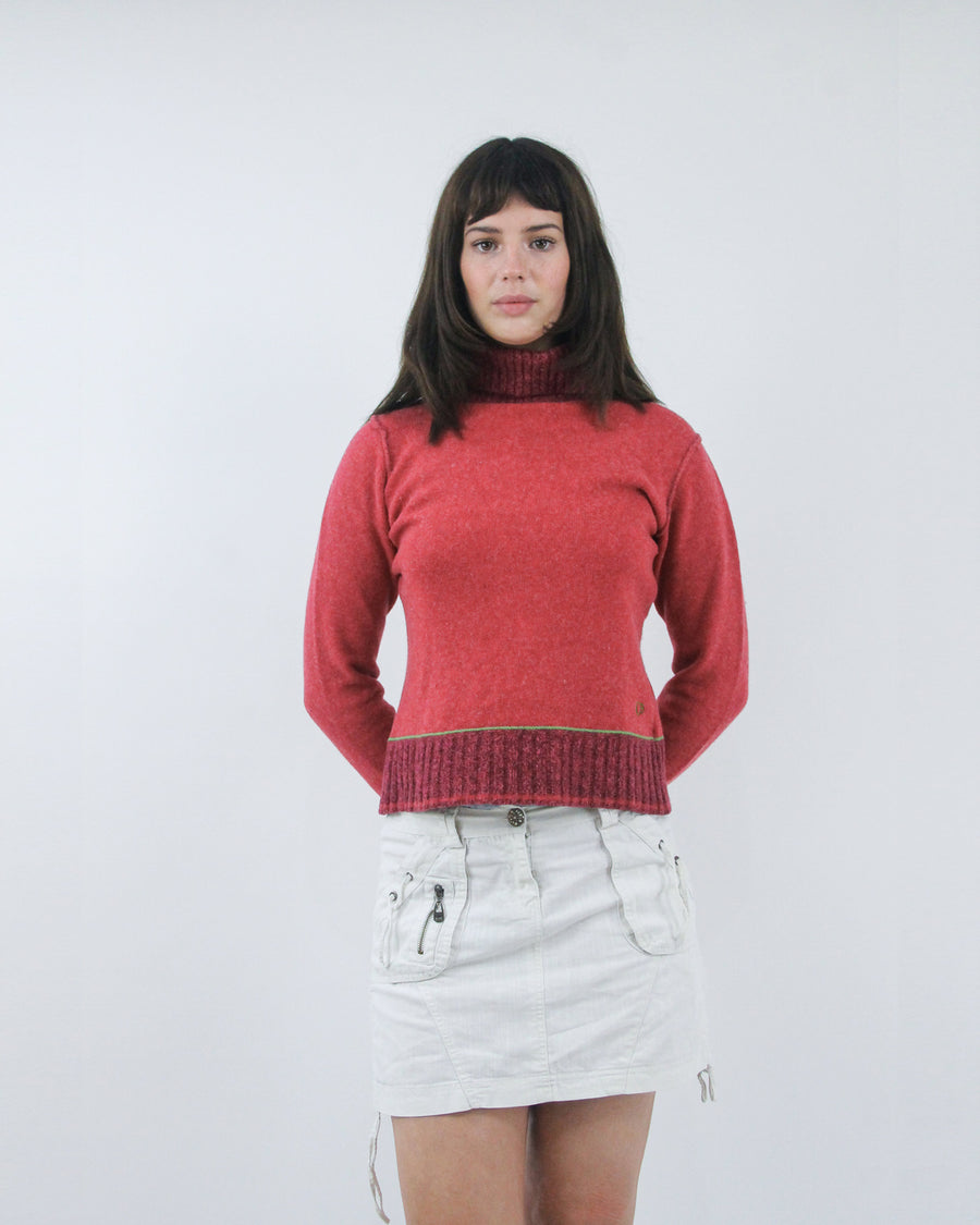 red ribbed turtleneck jumper, detail view