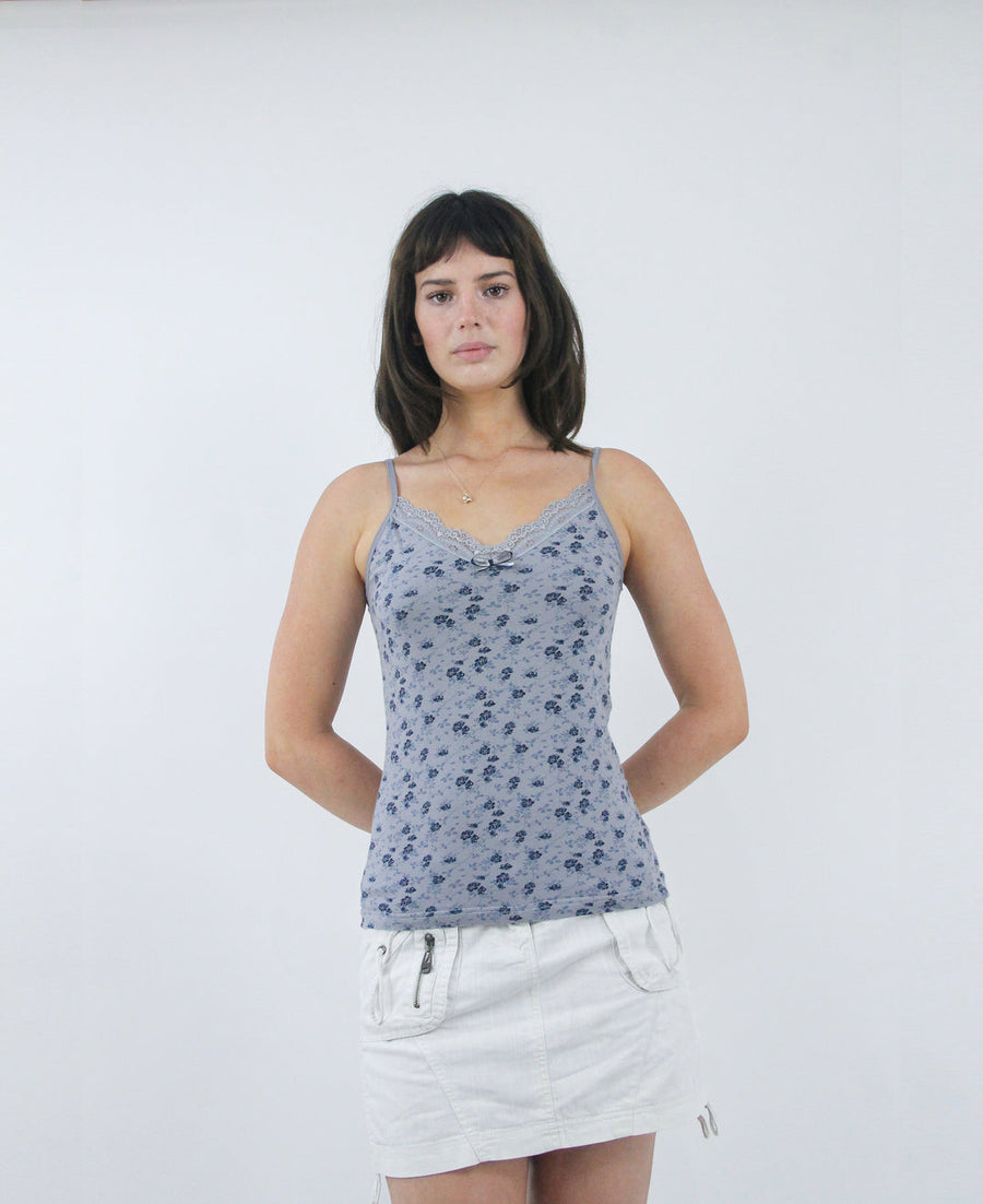 blue floral camisole top, detail view