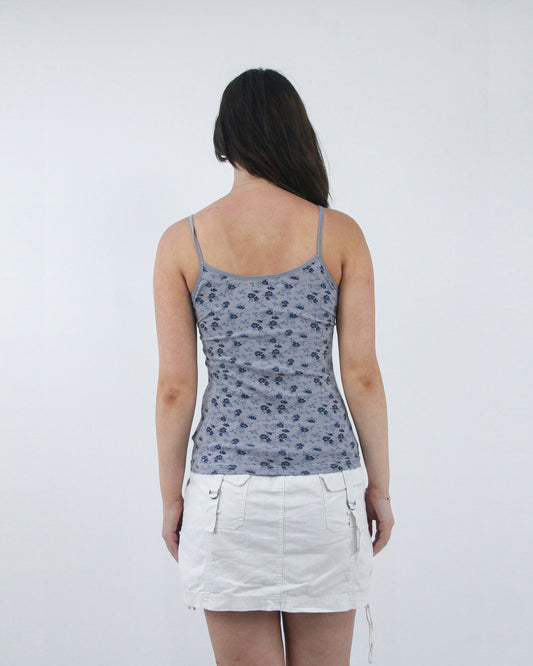 blue floral camisole top, back view