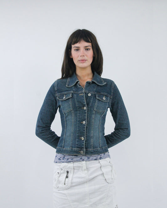 dark blue fitted denim jacket, front view