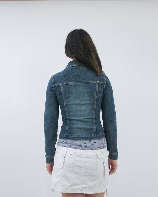 dark blue fitted denim jacket, back view