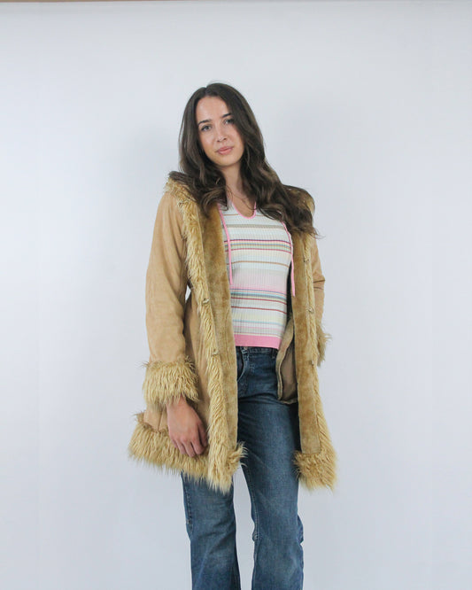tan hooded faux fur trim coat, front view