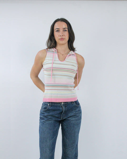 pastel striped sleeveless knit top, detail view