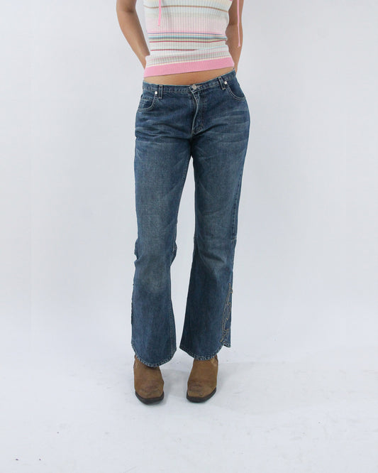 mid blue embroidered bootcut jeans, front view