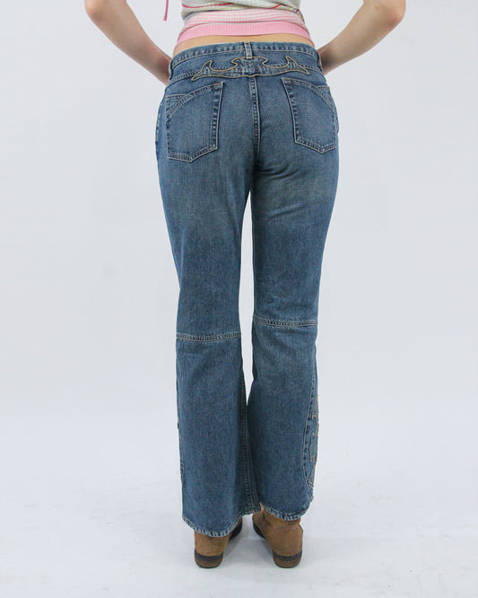 mid blue embroidered bootcut jeans, back view