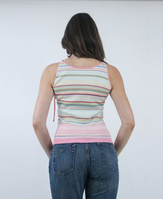 pastel striped sleeveless knit top, back view