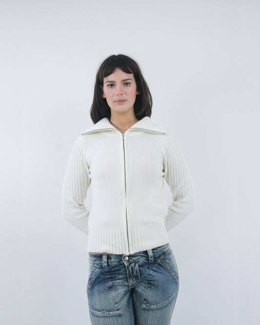 cream ribbed zip cardigan, front view