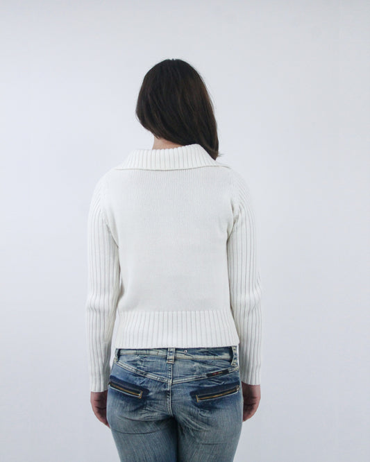 cream ribbed zip cardigan, back view