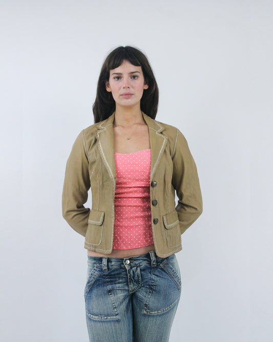 tan fitted pocket jacket, front view