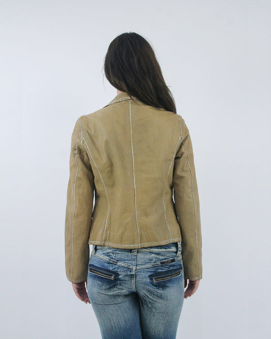 tan fitted pocket jacket, back view