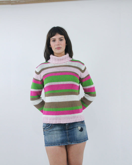 pink and green striped turtleneck jumper, detail view