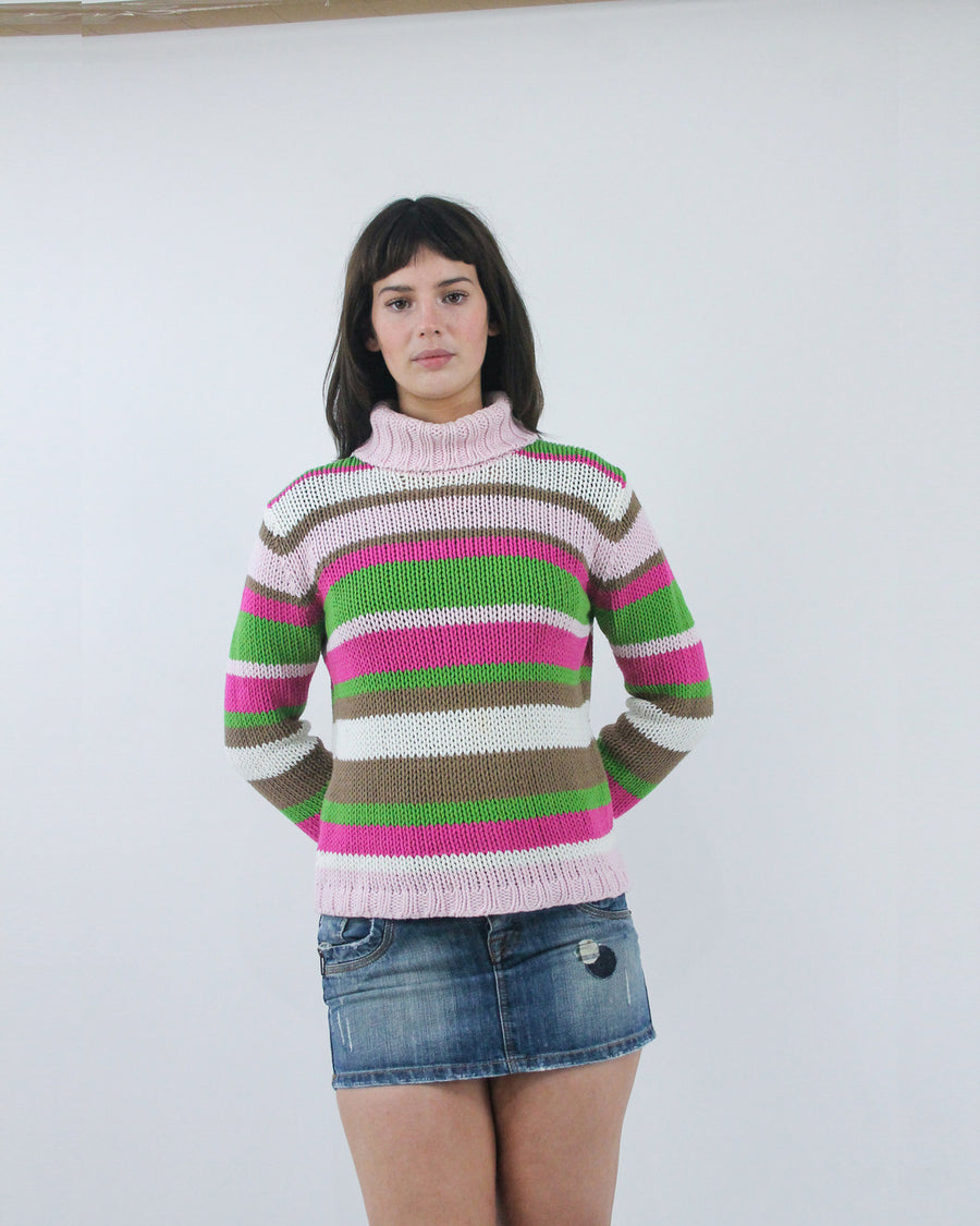 pink and green striped turtleneck jumper, detail view