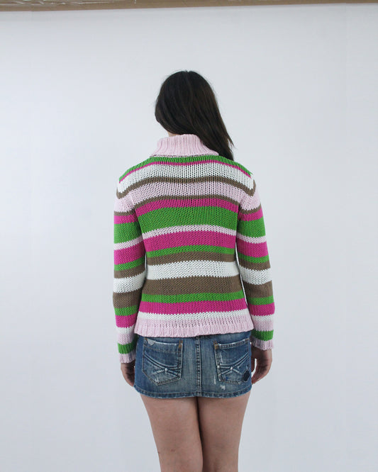 pink and green striped turtleneck jumper, back view