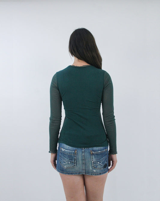 dark green panel print long sleeve top, back view
