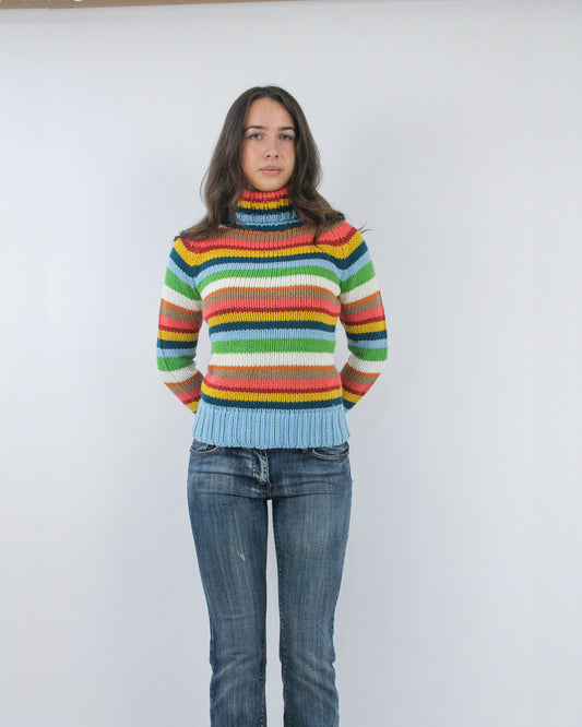 rainbow striped turtleneck jumper, detail view