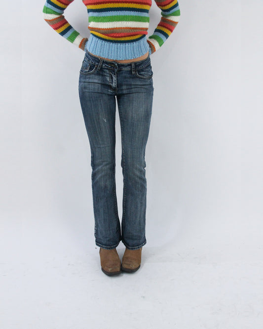 mid blue low rise bootcut jeans, front view