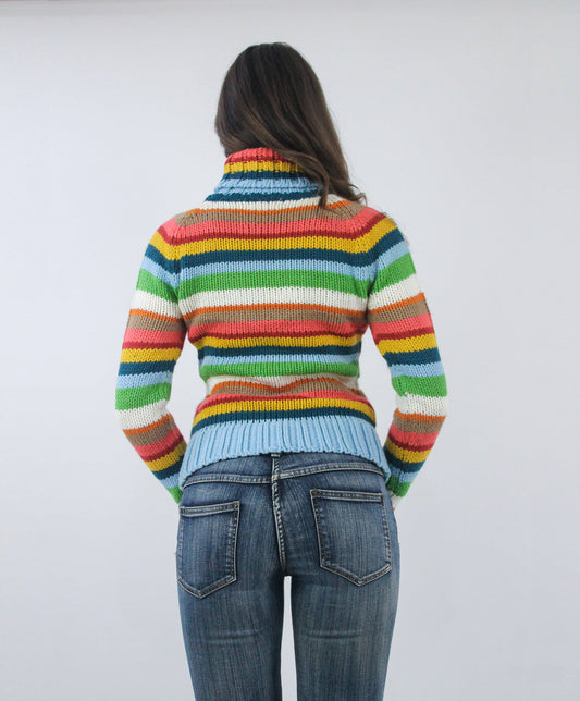 rainbow striped turtleneck jumper, back view