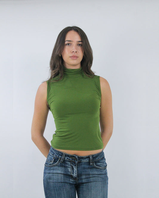 green sleeveless turtleneck top, front view