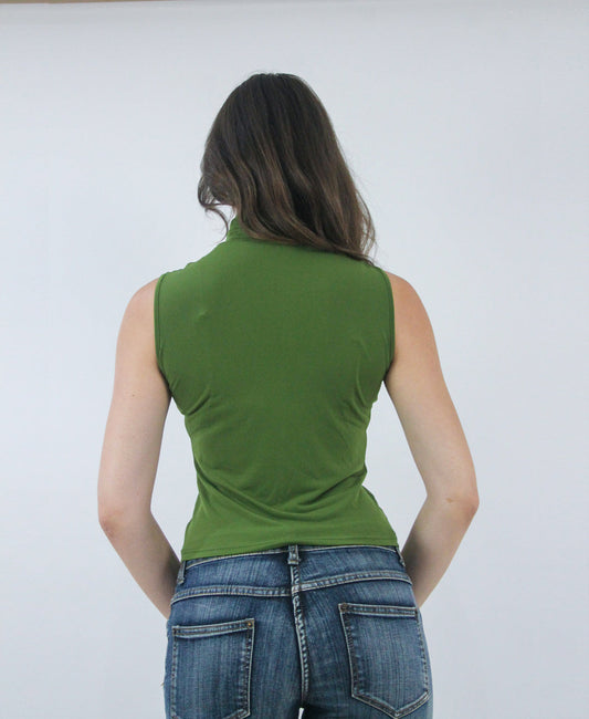 green sleeveless turtleneck top, back view