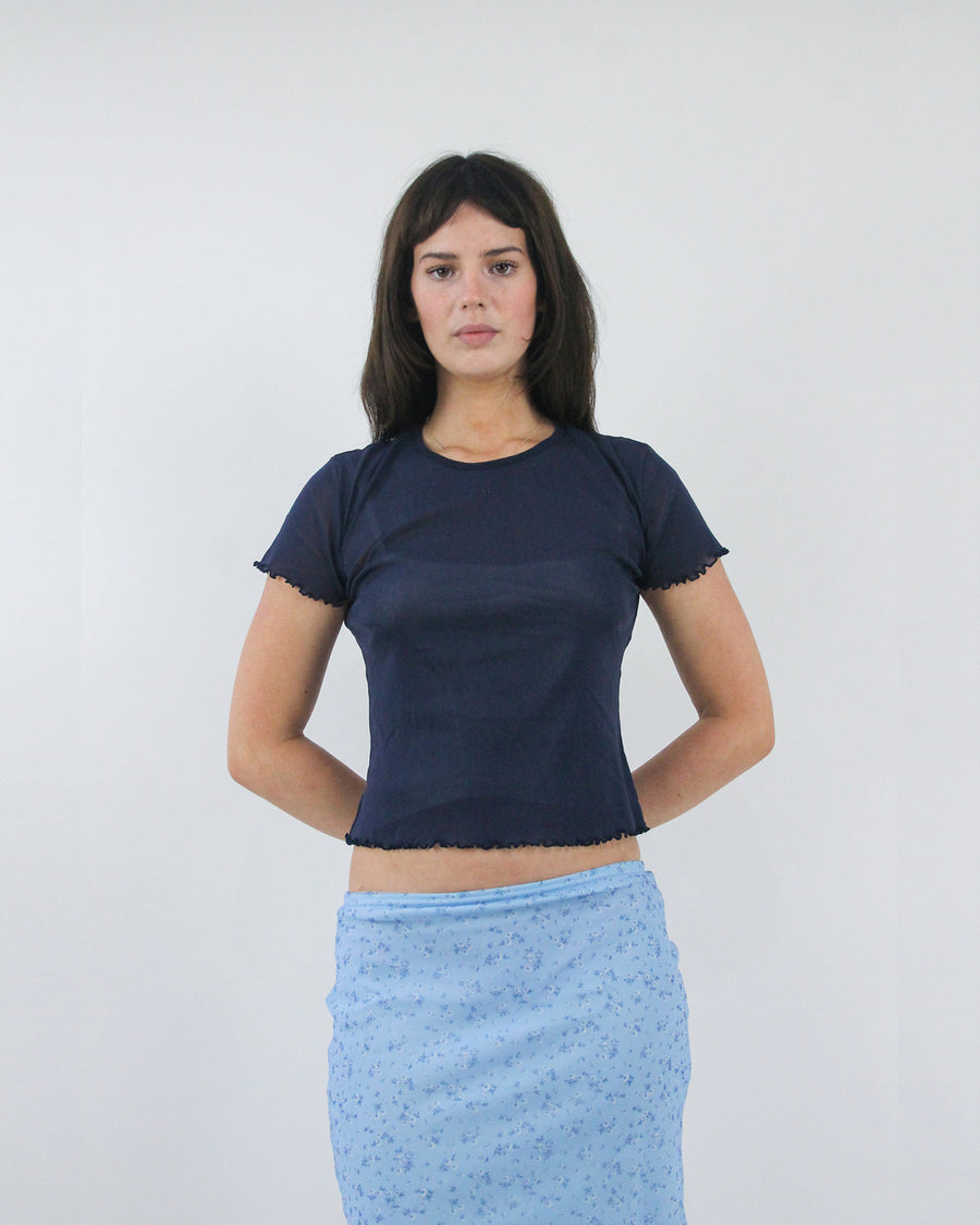 navy blue cap sleeve top, detail view