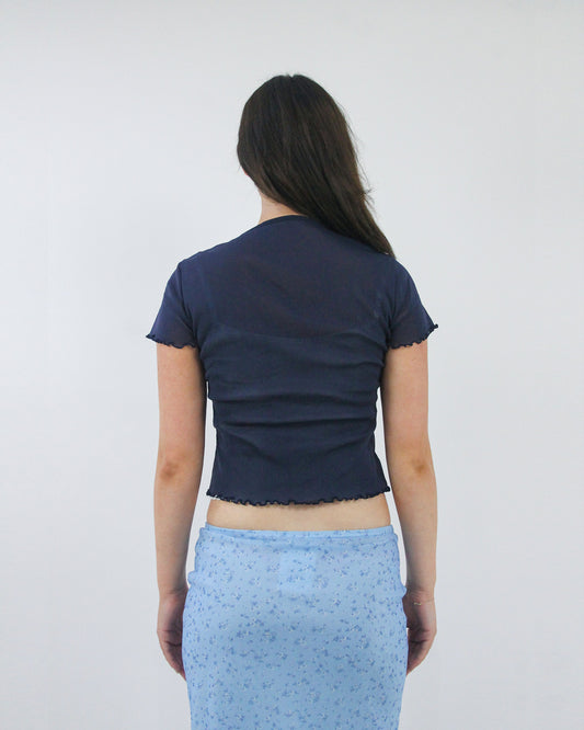 navy blue cap sleeve top, back view