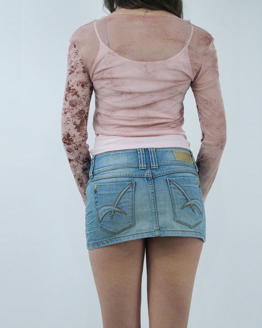 blue embroidered pocket denim mini skirt, back view