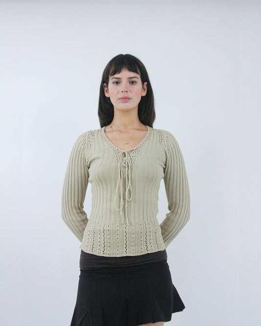 cream knit tie front cardigan, detail view