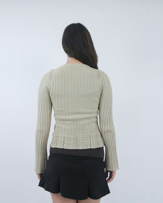 cream knit tie front cardigan, back view