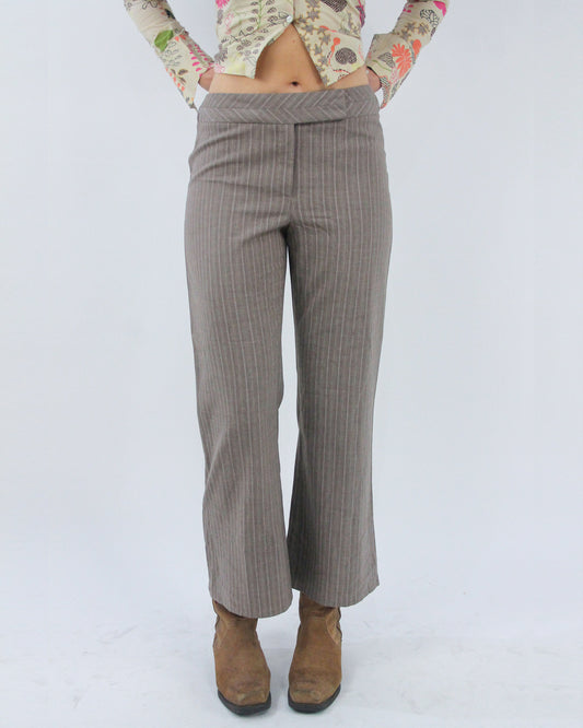 taupe pinstripe cropped trousers, front view