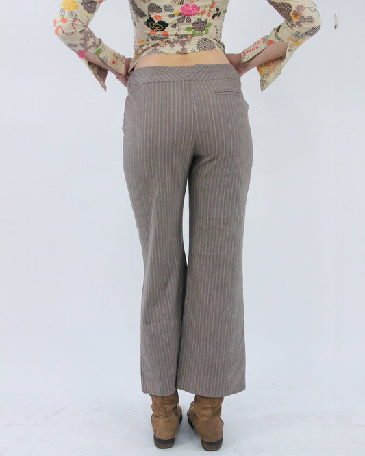 taupe pinstripe cropped trousers, back view