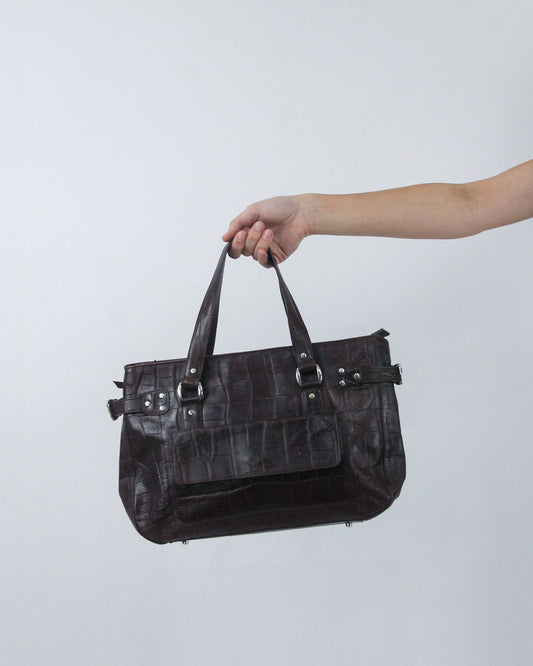 dark brown buckle handbag, front view