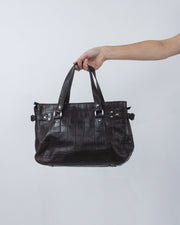 dark brown buckle handbag, back view