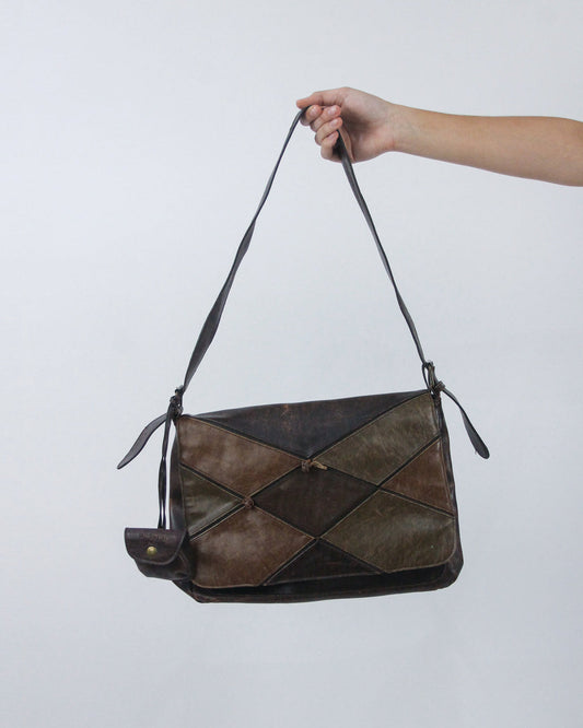 brown patchwork shoulder bag, front view