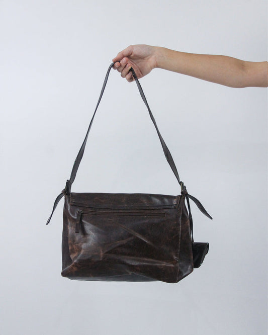 brown patchwork shoulder bag, back view