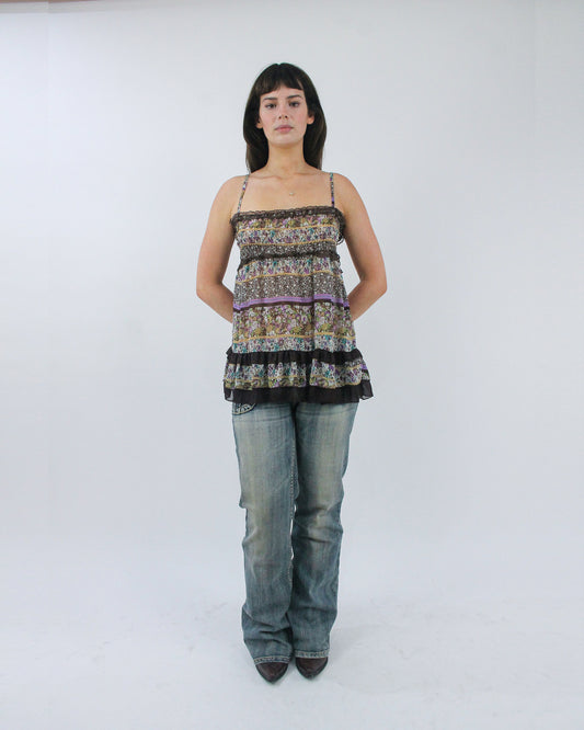 brown and purple tiered camisole top, front view