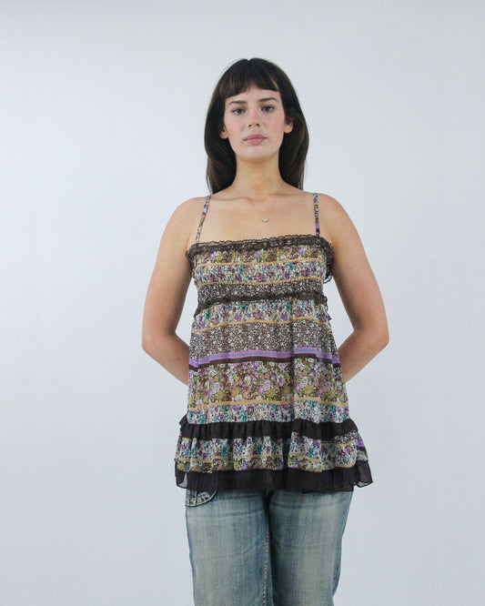 brown and purple tiered camisole top, detail view