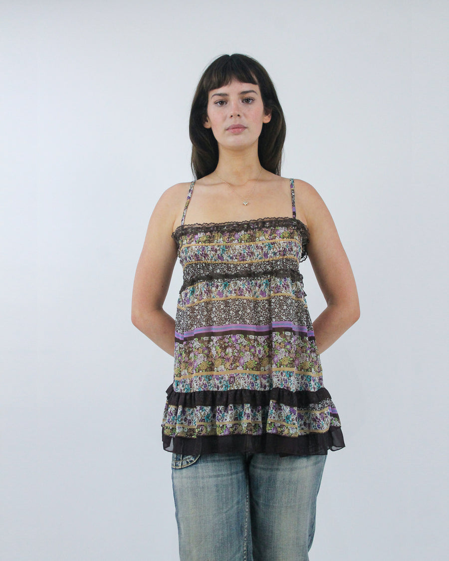 brown and purple tiered camisole top, detail view