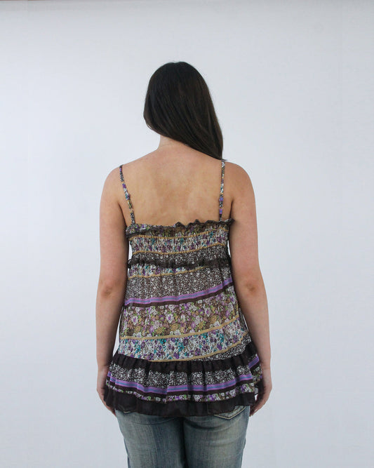 brown and purple tiered camisole top, back view