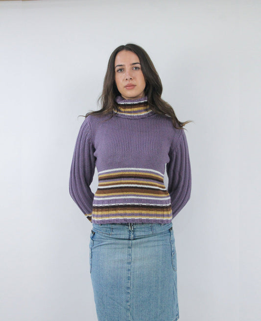 purple striped turtleneck jumper, detail view