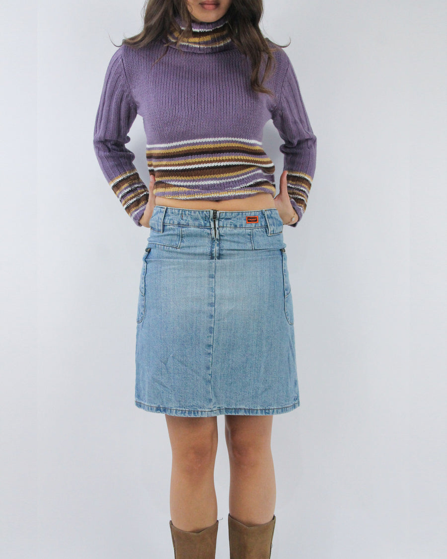 light blue denim midi skirt, detail view