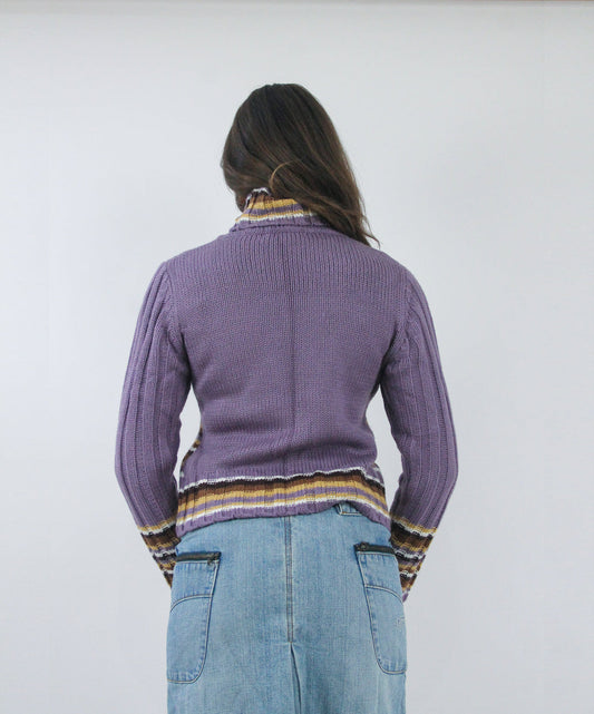 purple striped turtleneck jumper, back view