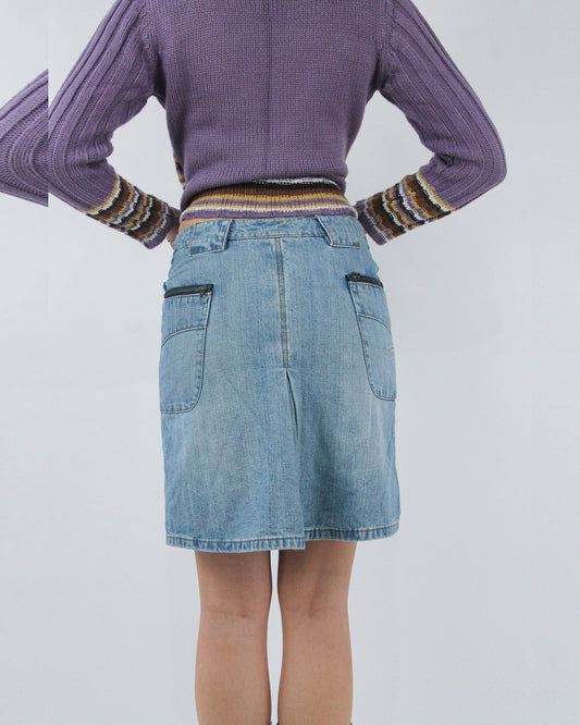 light blue denim midi skirt, back view
