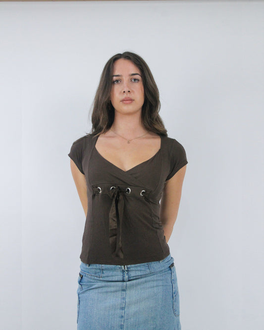 brown tie front cap sleeve top, front view