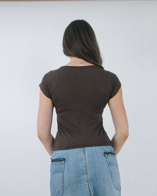 brown tie front cap sleeve top, back view