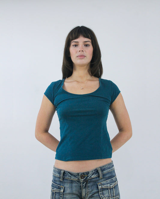 teal cap sleeve top, detail view