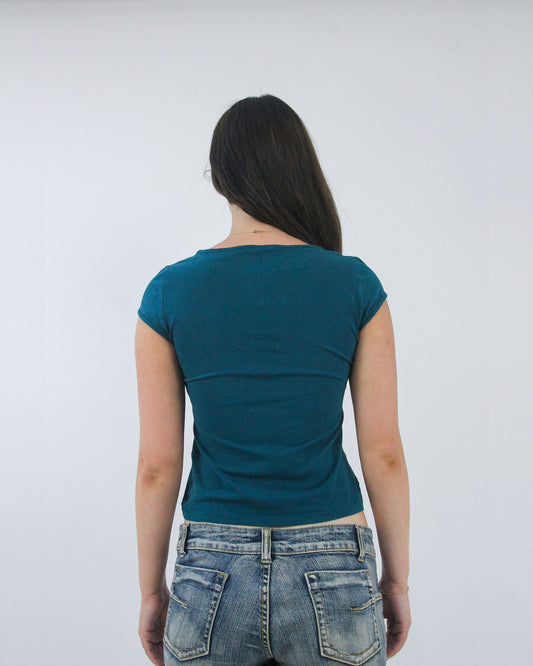teal cap sleeve top, back view