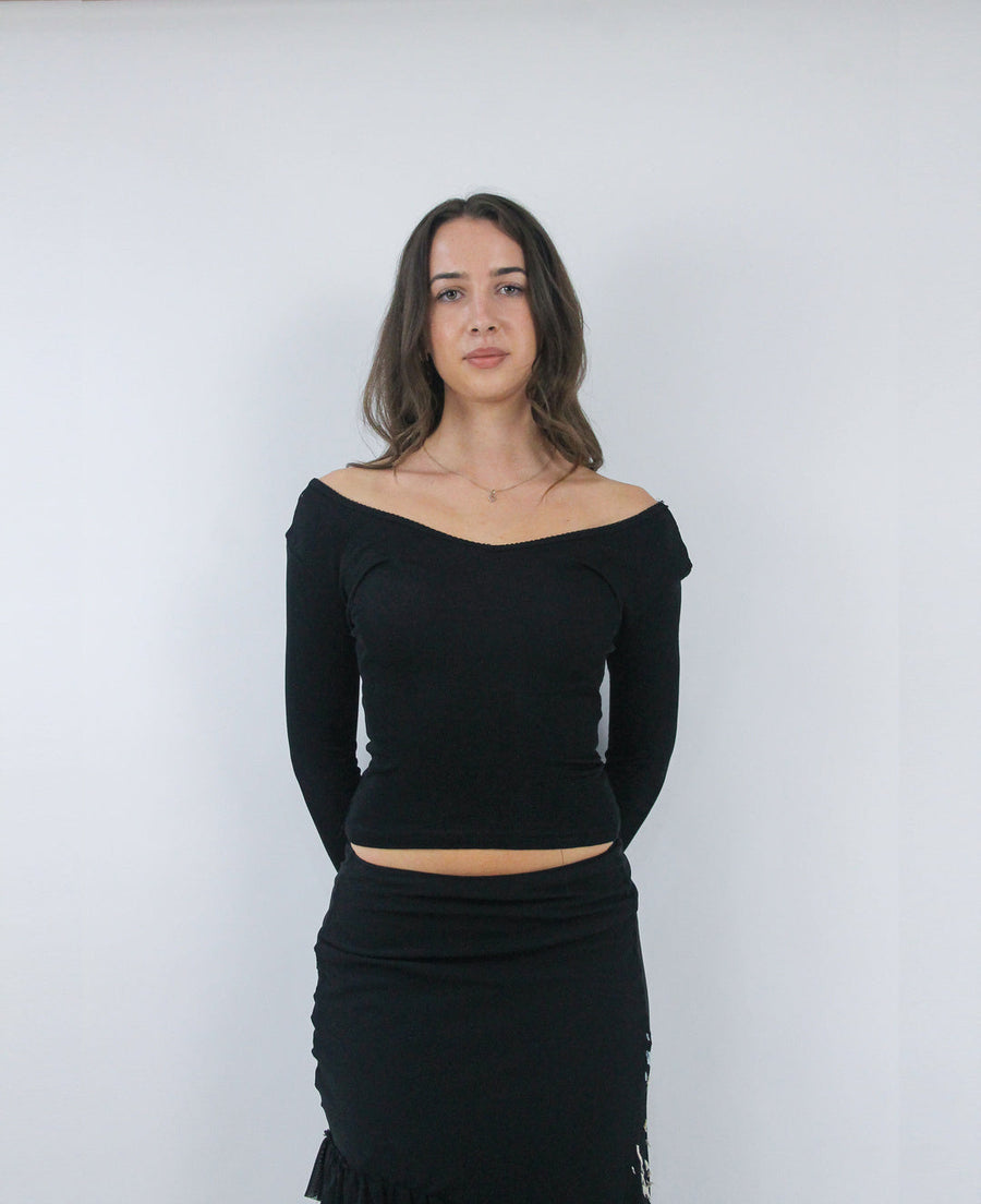 black off shoulder long sleeve top, detail view
