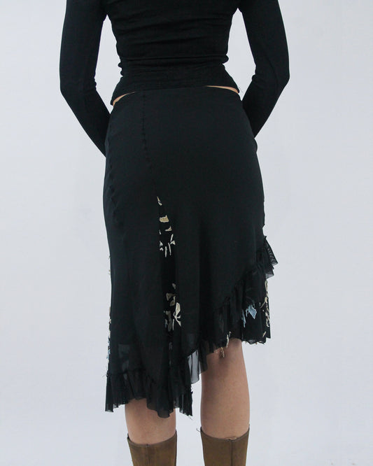 black asymmetric lace midi skirt, back view