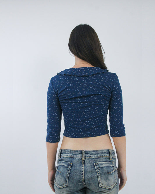 navy floral tie front crop top, back view